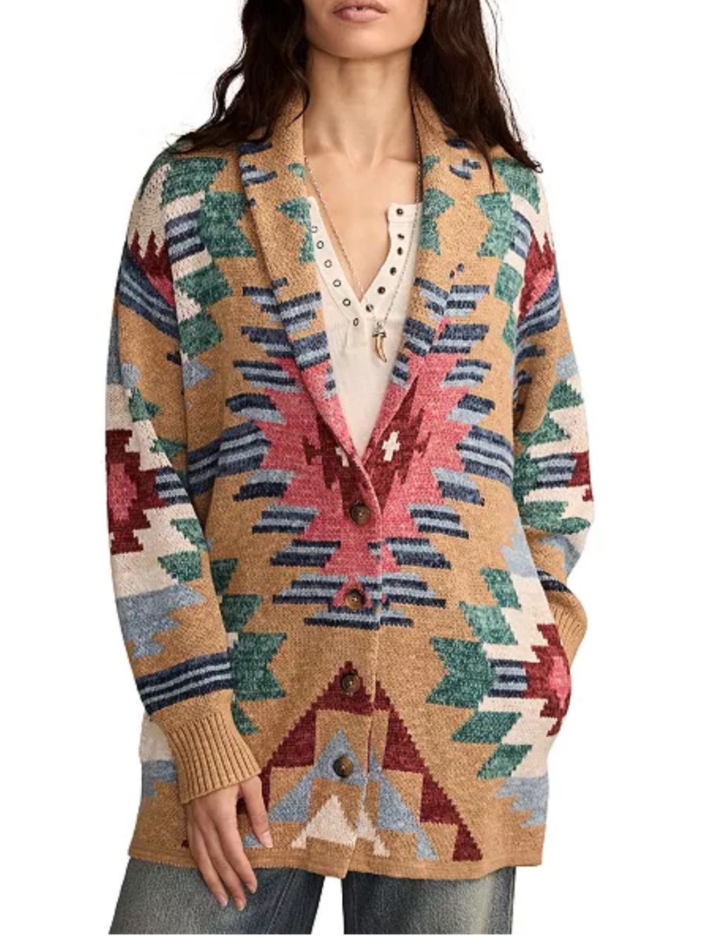 Lucky Brand Women's Southwest Shawl-Collar Cotton Cardigan Size L